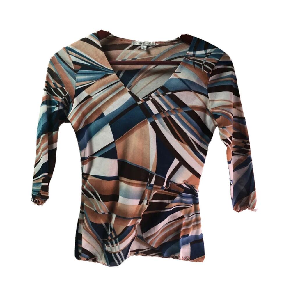 Moa Moa Size Large Geometric V-neck Top 90s Lettuce Edge Trim 3/4 Length Sleeve